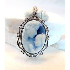 14KT White Gold Mother & Baby Blue Framed 12 Diamond Cameo Oval Pendant Mom Gift